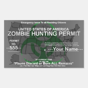 Sticker Rectangulaire Modèle de permis de chasse zombie (Vert sur Gris)