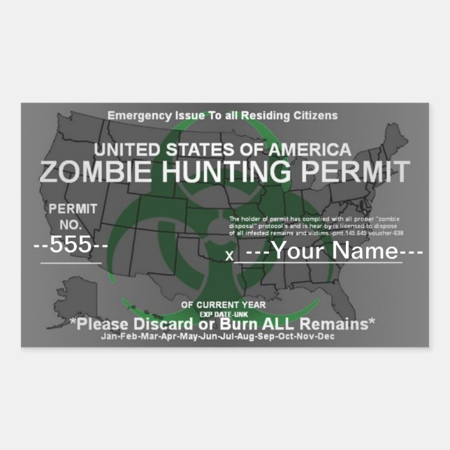 Sticker Rectangulaire Modèle de permis de chasse zombie (Vert sur Gris) (Devant)