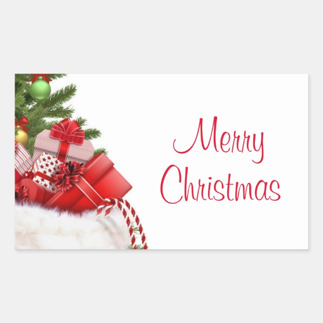 Sticker Rectangulaire Modèle Personnalisé Joyeux Arbre De Noël Et Cadeau (Devant)