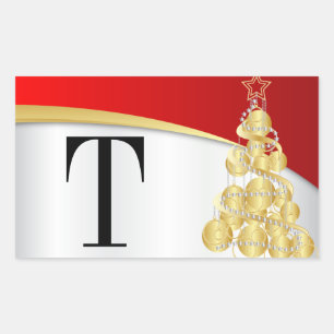 Sticker Rectangulaire Monogram Gold & Red Merry Christmas