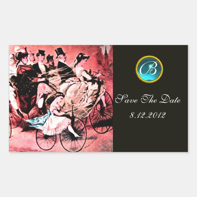 STICKER RECTANGULAIRE MONOGRAMME DE MARIAGE DAMASK BLACK BLEU ROUGE (Devant)