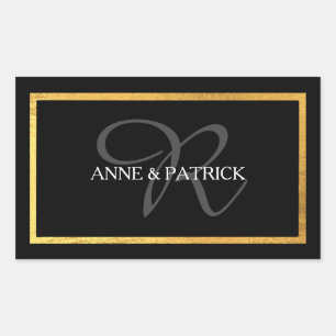 Sticker Rectangulaire monogramme initial élégant + noms, noir mariage