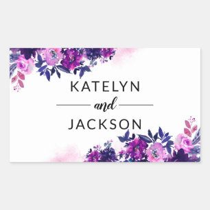 Sticker Rectangulaire Monogramme Mariage violet violet floral enchâssé