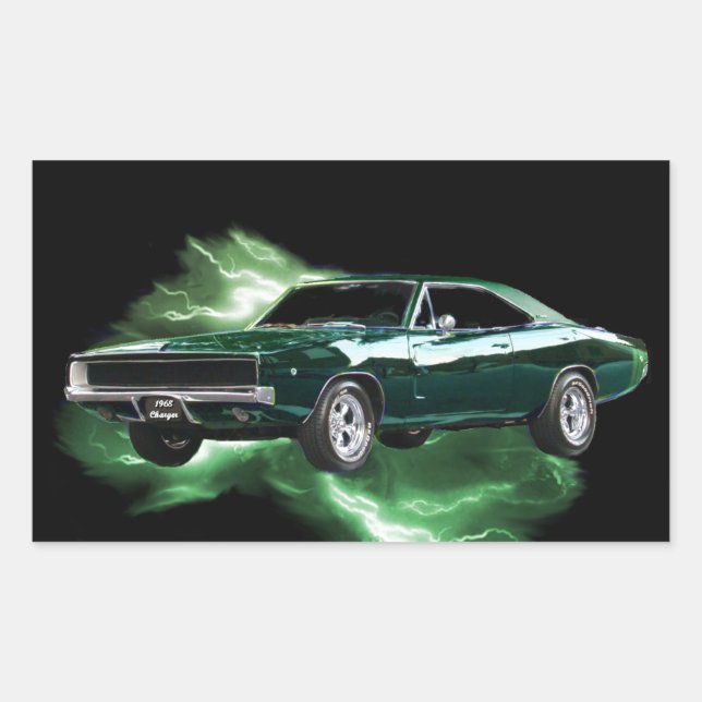 Sticker Rectangulaire Mopar : Chargeur de Dodge 68 avec éclair vert (Devant)