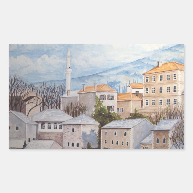 Sticker Rectangulaire Mostar, Bosnie - Peinture Townscape Acrylique (Devant)