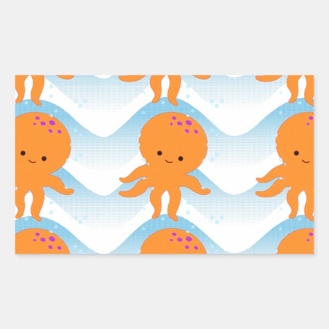 Sticker Rectangulaire Motif Octopus Orange Et Vagues Bleues (Devant)