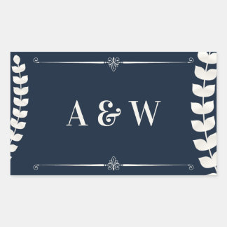 Sticker Rectangulaire Navy Blue and Ivory Elegant Laurel Monogram Weddin