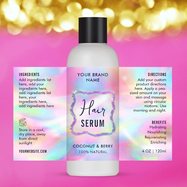 Sticker Rectangulaire Neon Opal Holographic 4 OZ Cosmetic BotÉtiquette (Neon holographic effect 4 OZ cosmetic bottle wrap around labels with fully editable text)