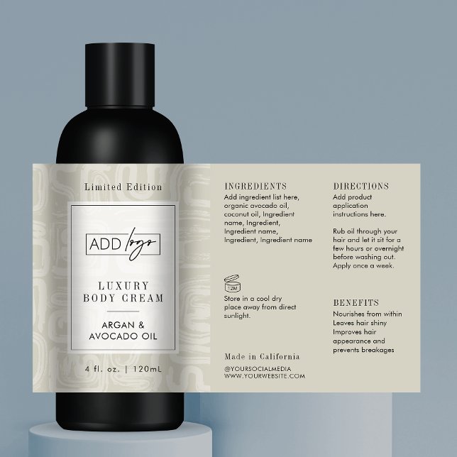 Sticker Rectangulaire Neutral Beige Boho Pattern Logo 4OZ Cosmo Bottle (Elegant abstract pattern light cream product label template)