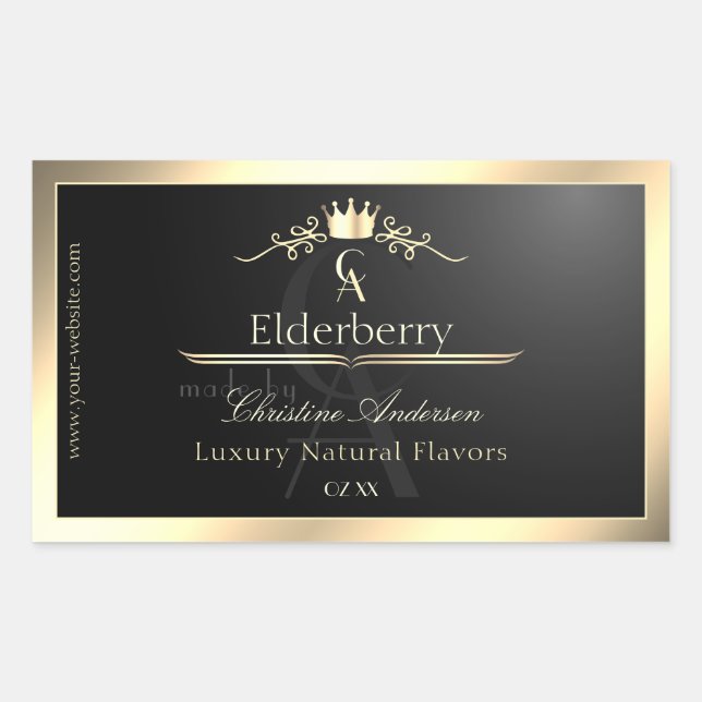 Sticker Rectangulaire Noble Black Product Label with Gold Frame Monogram (Devant)