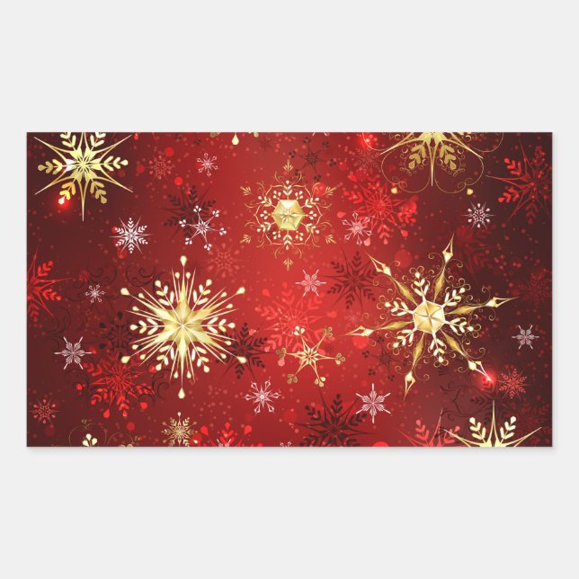 Sticker Rectangulaire Noël Golden Snowflakes sur Arrière - plan rouge (Devant)