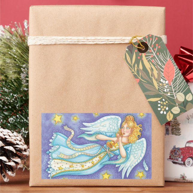 Sticker Rectangulaire Noël mignon, Angel Musicien Jouant Sa Corne (vacances)