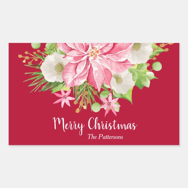 Sticker Rectangulaire Noël Poinsettia Floral Rouge Fête (Devant)