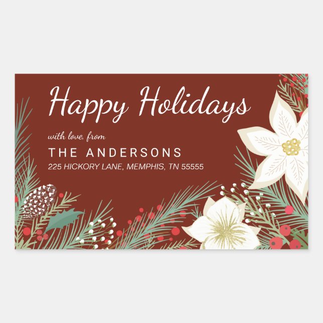 Sticker Rectangulaire Noël Rouge Poinsettia Folithe Adresse de retour (Devant)