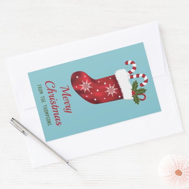 Sticker Rectangulaire Noel Rouge Sur Bleu Avec Texte Personnalisé (Enveloppe)