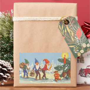 Sticker Rectangulaire Noël vintage, elfes dans la forêt de neige hiver
