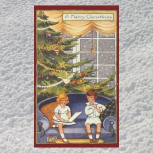 Sticker Rectangulaire Noël vintage, Enfants assis sur un canapé
