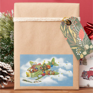 Sticker Rectangulaire Noël vintage, le Père Noël pilotant un avion