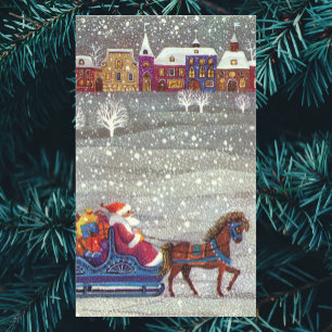 Sticker Rectangulaire Noël vintage, Père Noël traîneau ouvert cheval