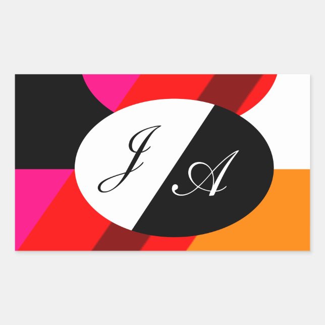 Sticker Rectangulaire Noir et blanc et rouge double monogramme (Devant)