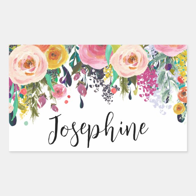 Sticker Rectangulaire Nom personnalisé Boho Floral Bedroom Nursery Art (Devant)