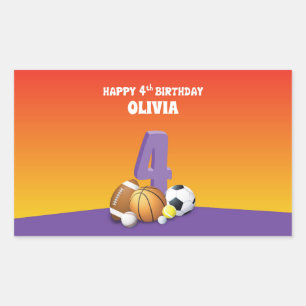 Sticker Rectangulaire Nom personnalisé Fille 4e anniversaire Sports Ball