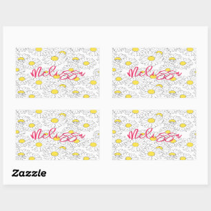 Sticker Rectangulaire nom personnalisé jaune marguerite motif moderne