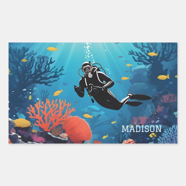 Sticker Rectangulaire Nom personnalisé Scuba Diver (Devant)