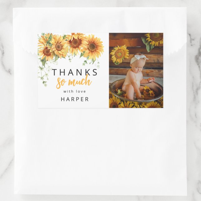 Sticker Rectangulaire Notre petit tournesol photo Merci d'anniversaire (Sac)