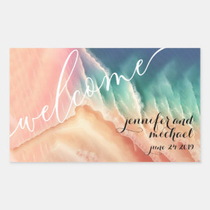 Sticker Rectangulaire Océan Vert Rose Plage Aquarelle Été Soleil