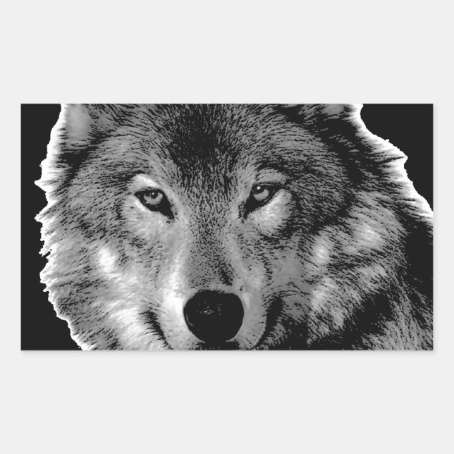 Sticker Rectangulaire Oeuvre de Loup noir et blanc (Devant)