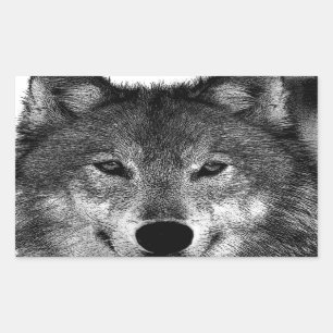 Sticker Rectangulaire Oeuvre de Loup noir et blanc