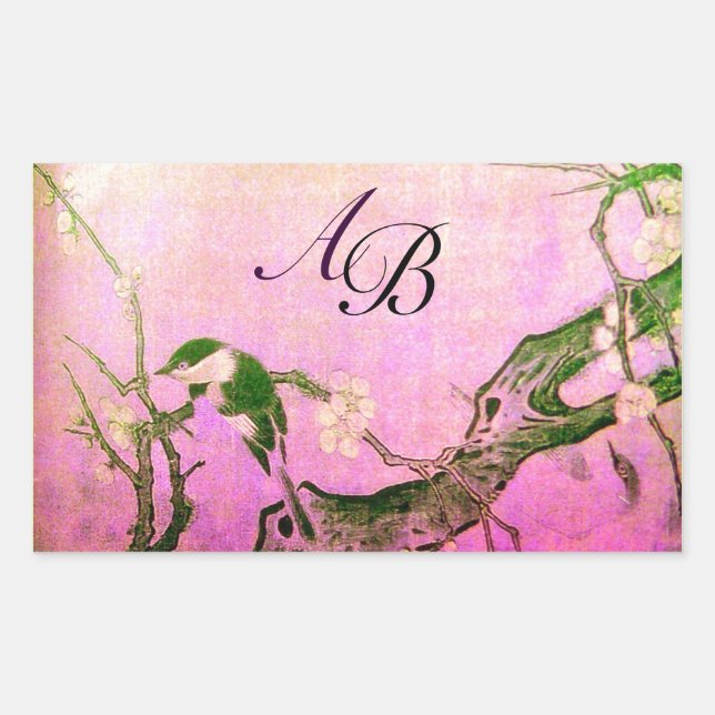 STICKER RECTANGULAIRE OISEAU DE PRINTEMPS ET MONOGRAMME D'ARBRE FLEURIER (Devant)