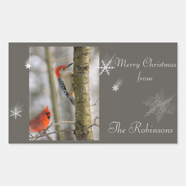 Sticker Rectangulaire Oiseaux rouges Cardinal Pic de neige Flake Noël (Devant)