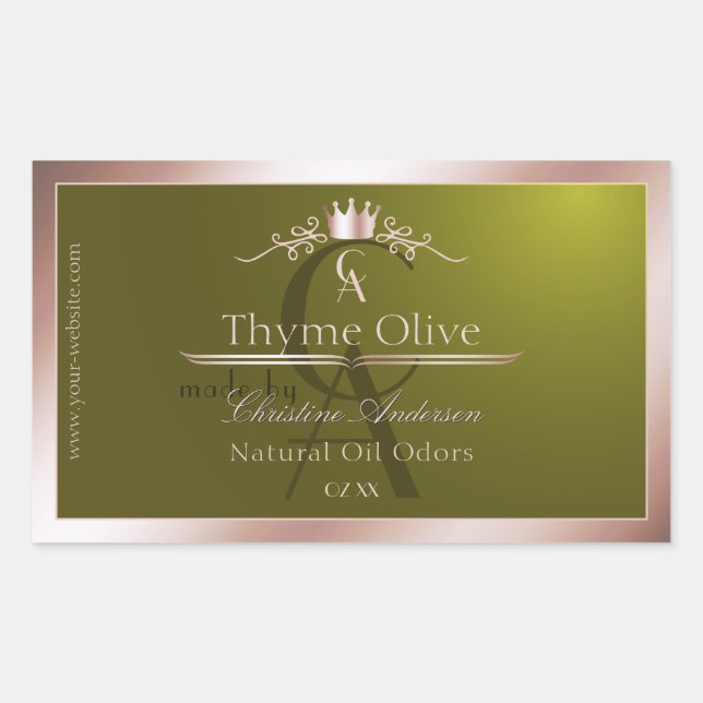 Sticker Rectangulaire Olive Green Product Label Rose Gold Frame Monogram (Devant)