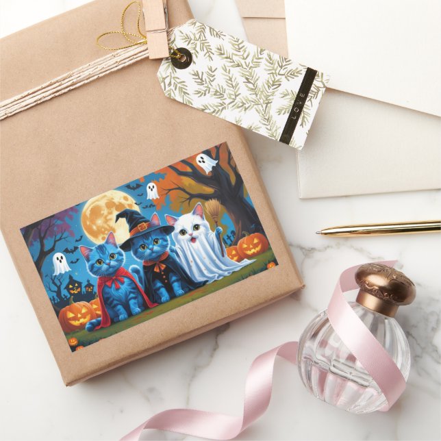 Sticker Rectangulaire Oriental Blue Cats Citrouille Halloween Drôle (Cadeaux)