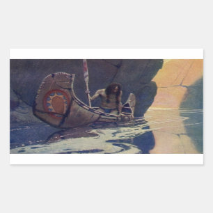 Sticker Rectangulaire Pagaie Classique Vintage Canoë Indien Soleil