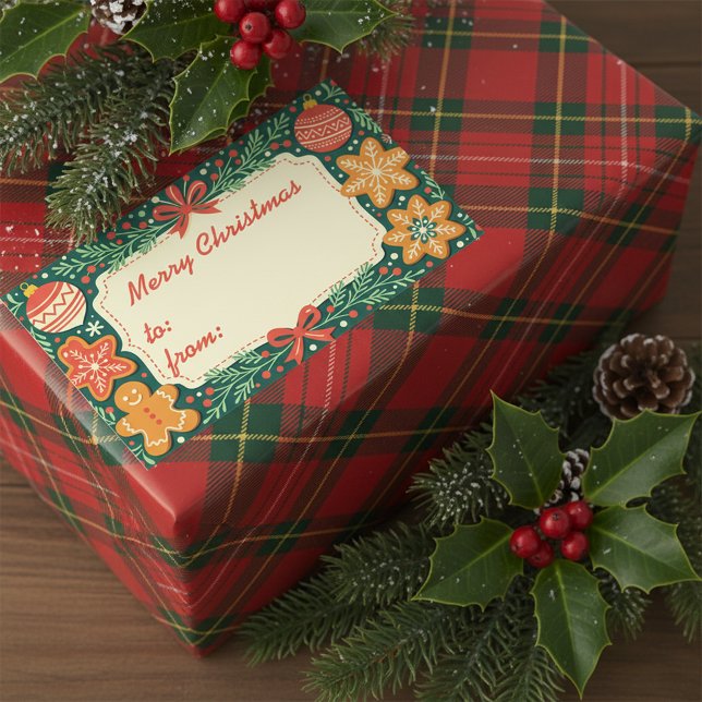 Sticker Rectangulaire Pain d'épices rustique Holly Wreath Joyeux Noël (Créateur téléchargé)