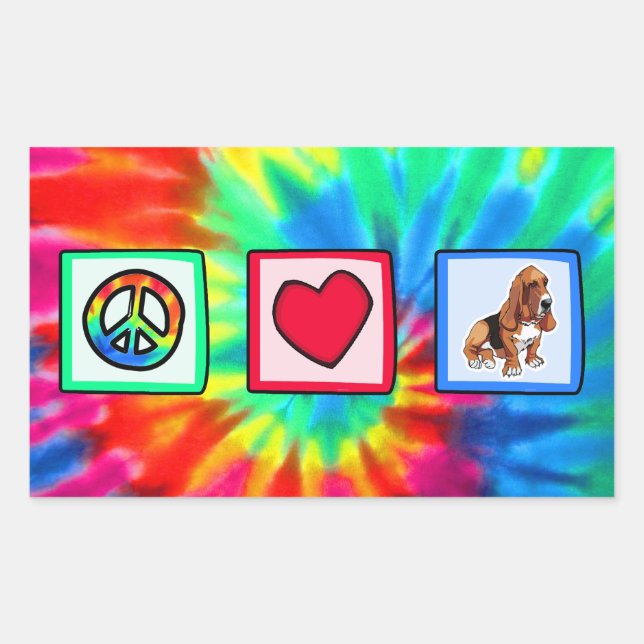 Sticker Rectangulaire Paix, Amour, Basset Hounds (Devant)