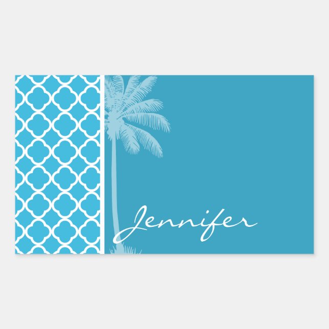 Sticker Rectangulaire Palmier d'été; Quatrefoil de Cerulean brillant (Devant)