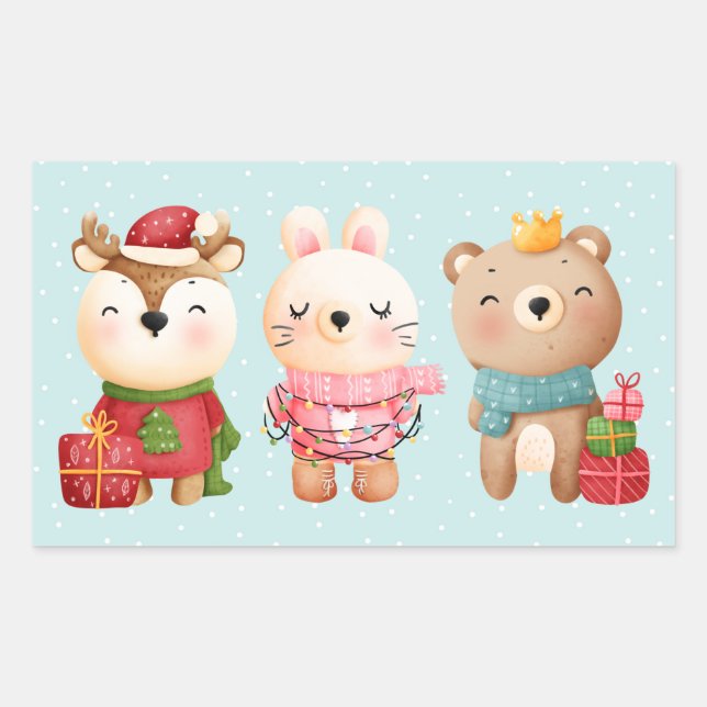 Sticker Rectangulaire Pals de Noël - Rennes, Ours et Lapin (Devant)