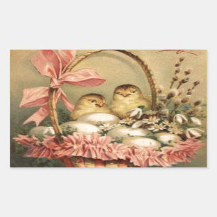 STICKER RECTANGULAIRE PANIER ÉLÉGANT, POULET, FLEURS ET OEUFS DE PÂQUES