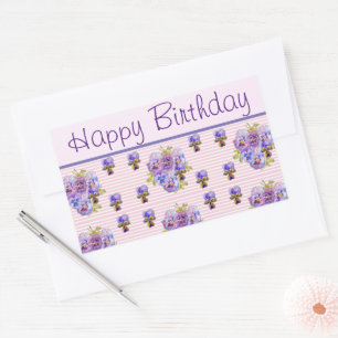 Sticker Rectangulaire Pansy Flower rose Frappe floral Joyeux anniversair