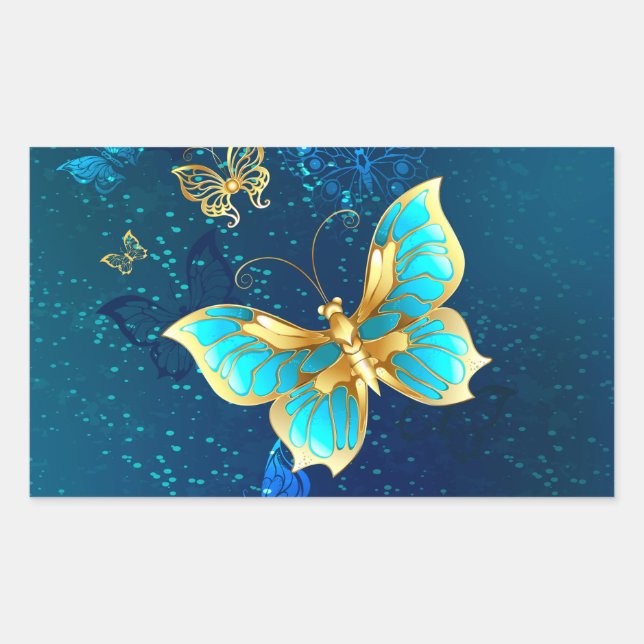 Sticker Rectangulaire Papillons d'or sur un Arrière - plan bleu (Devant)