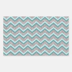 Sticker Rectangulaire Parties scintillant en argent et ZigZag Turquoise