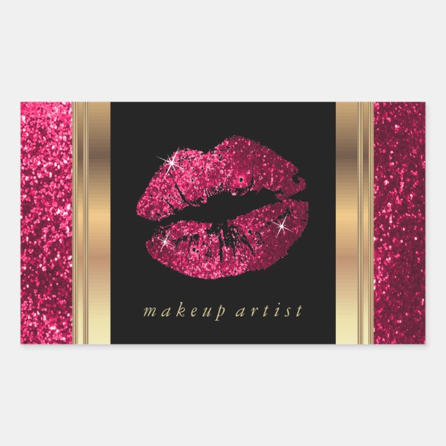 Sticker Rectangulaire Parties scintillant rose foncé lèvres et police or (Devant)