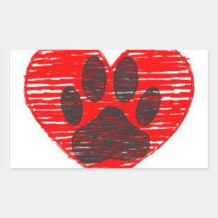 Sticker Rectangulaire Paw Chien Croquis Dans Le Coeur Rouge