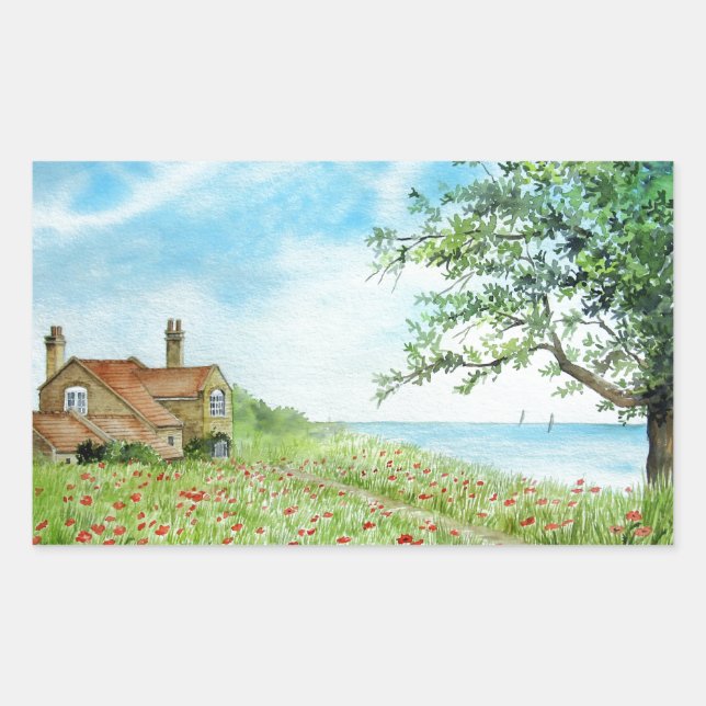 Sticker Rectangulaire Paysage de terrain de pavot peinture aquarelle (Devant)
