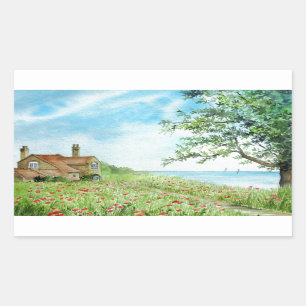 Sticker Rectangulaire Paysage de terrain de pavot peinture aquarelle
