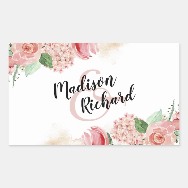 Sticker Rectangulaire Peach Watercolor Floral Bordure Mariage Monogramme (Devant)